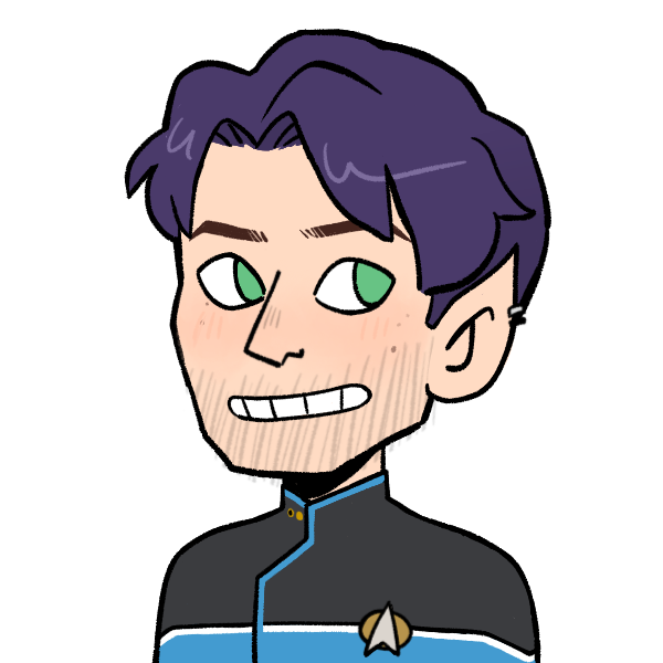 an illustration of noah, a young white man with short purple hair, wearing the blue star trek uniform